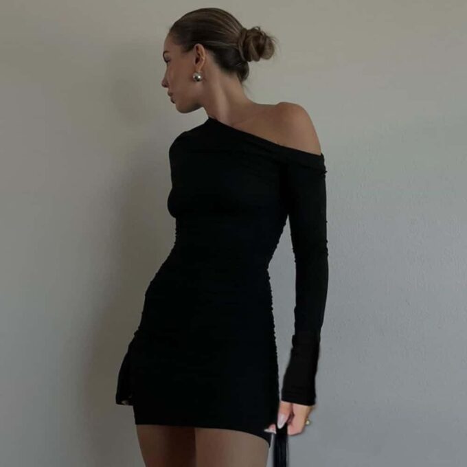 YOXUA Women's Elegant Sexy Off Shoulder Dress Long Sleeve Bodycon Ruched Formal Cocktail Party Mini Dresses – Bild 4