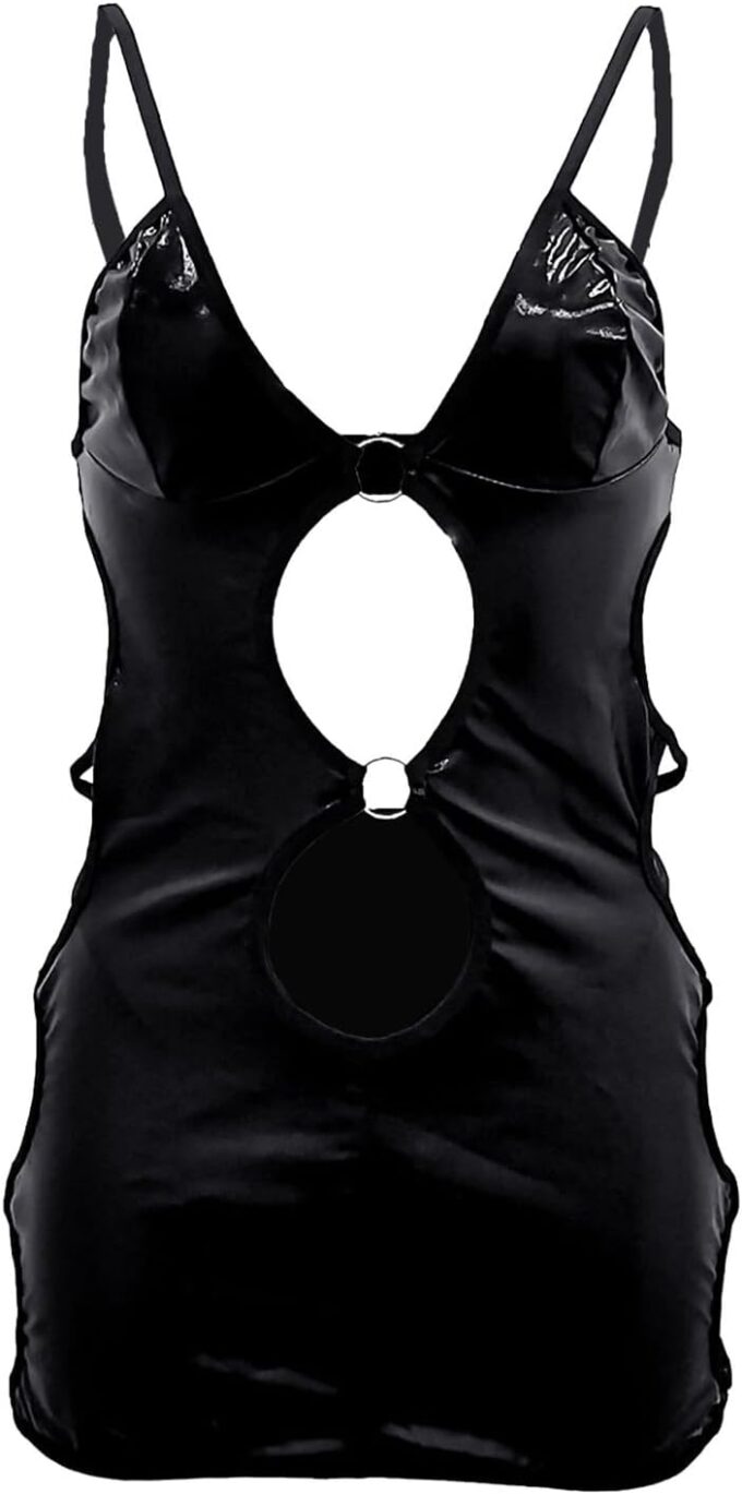 Women Leather Lingerie Sexy Cut Out Babydoll Nightdress Deep V Neck Backless PU Leather Bodycon Mini Nightclub Dress – Bild 4
