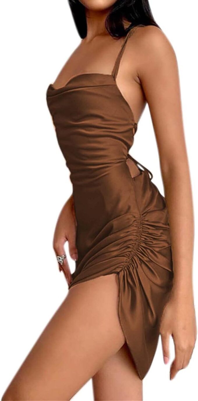 JUMISEE Women Satin Ruched Lace Up Bodycon Mini Dress Sexy Backless Spaghetti Strap Party Dress for Cocktail Clubwear – Bild 3