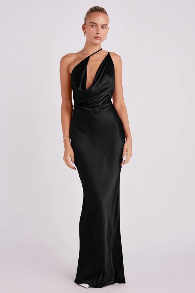 Memoriesea Women's Low Cut Cowl Neck Open Back Tie Up Cocktail Party Maxi Dress – Bild 2
