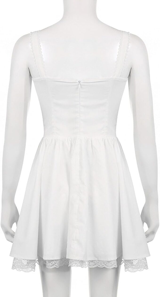 Womens Spaghetti Straps Sleeveless Bodycon Dress Vintage French Lace Trim Short Dress for Party White – Bild 7