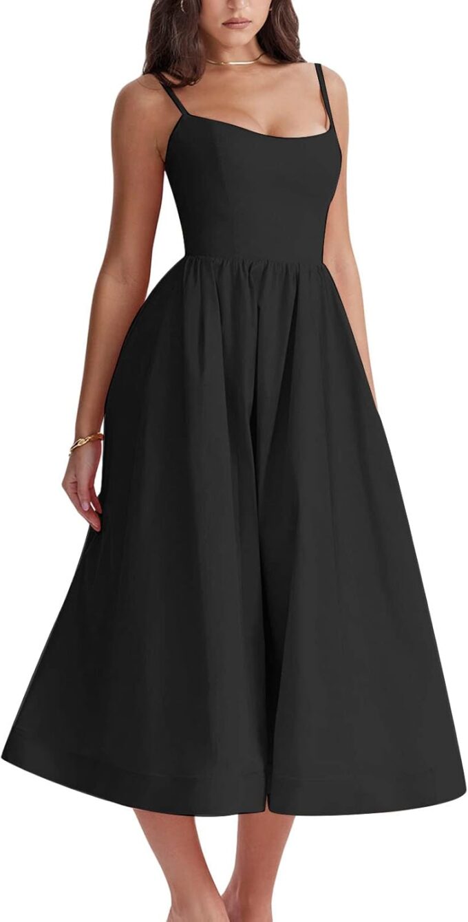 Women's Sexy Low Cut Spaghetti Strap Long Dress Casual Sleeveless Backless Slimd Midi Dress Square Neck Bustier Dress – Bild 2