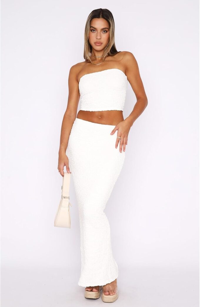 Two Piece Dress Outfits for Women Sleeveless Tube Tops Bodycon Maxi Dress Summer Strapless Crop Top Sexy Suits Set – Bild 3