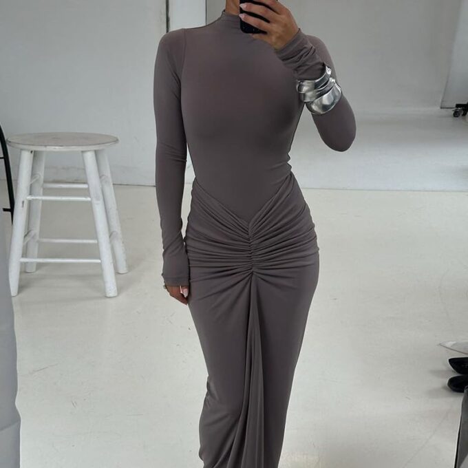 Womens Sexy Maxi Dress Long Sleeve Ruched Bodycon Turtleneck Club Party Casual Wedding Dresses – Bild 4