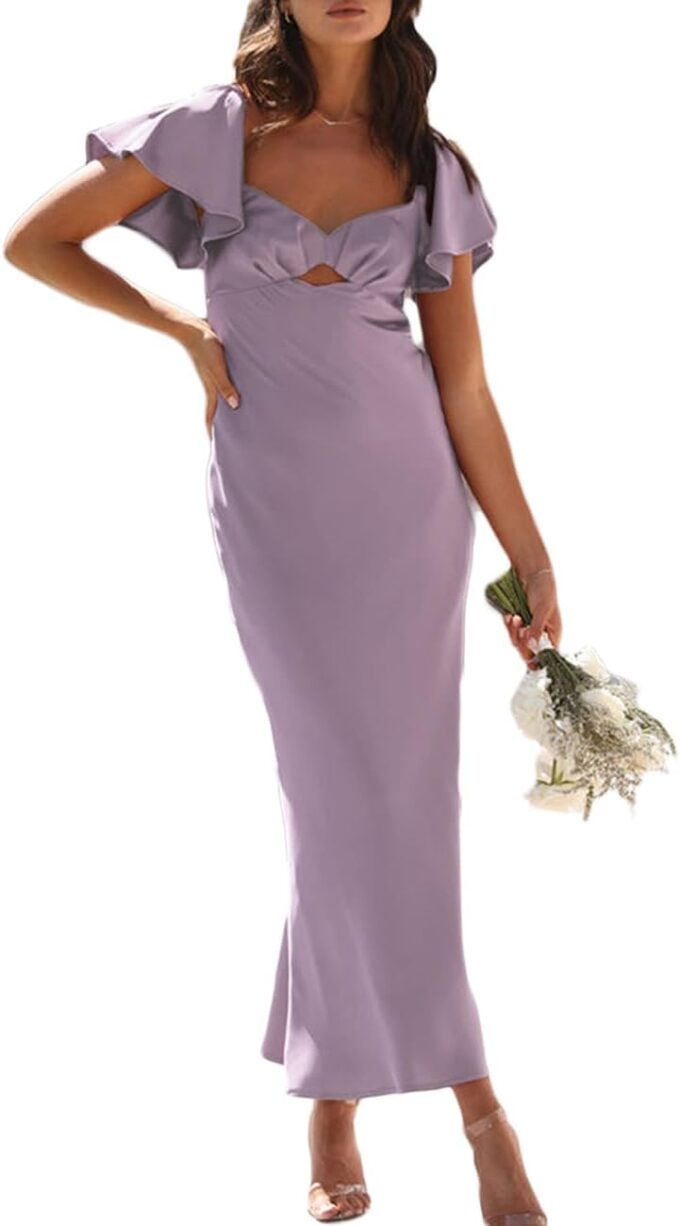 Summer Satin Flutter Sleeve Wedding Guest Dresses for Women Sweetheart Neckline Cutout Tie Back Midi Cocktail Dress