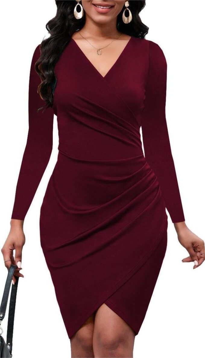 Women's Long Sleeve Wedding Guest Dress 2025 Sexy V Neck Wrap Ruched Bodycon Party Work Midi Dresses