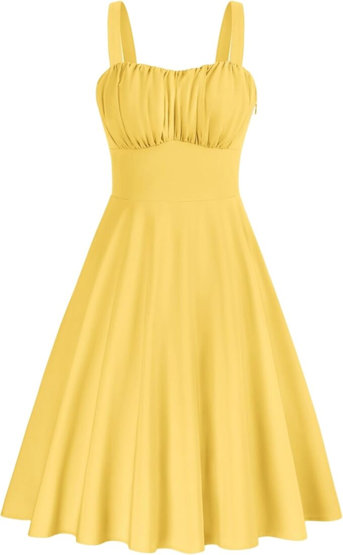 Belle Poque Women's Vintage Sleeveless Solid Floral Ruched Summer Cute A-Line Flowy Swing Midi Dress