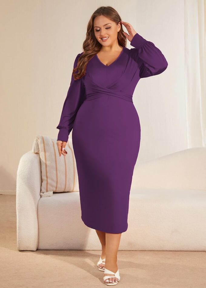 WUSENST Langärmeliges Damenkleid, lässig, V-Ausschnitt, gedrehte Taille, figurbetontes Cocktail-Partykleid – Bild 4