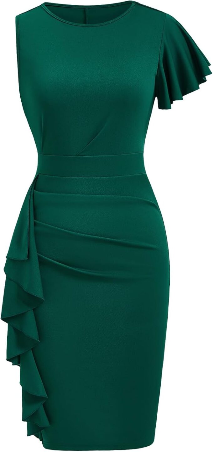 Women's Ruffle Trim Ruched Dress Crew Neck Split Hem Bodycon Elegant Cocktail Dresses