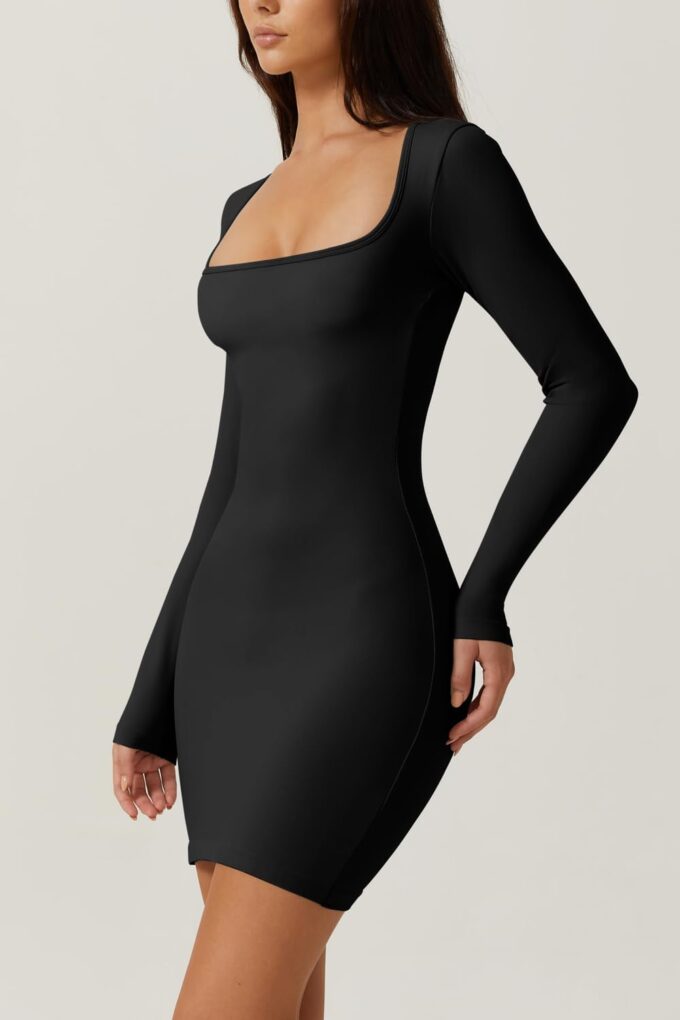 Mulisky Bodycon Dresses for Women, Square Neck Long Sleeve Slimming Fit Mini Dresses for Club Party – Bild 3