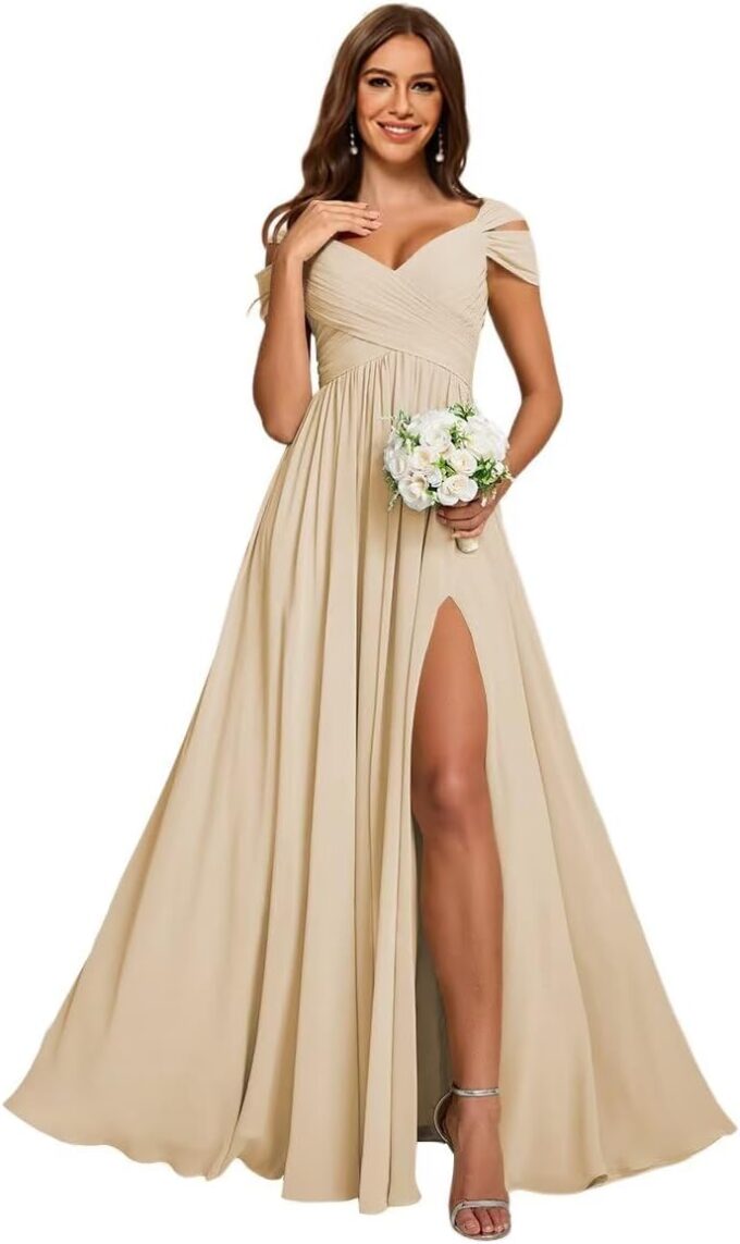 Women's Off Shoulder Ruched Bridesmaid Dresses Long with Pockets Slit Chiffon Formal Evening Dress VS180 – Bild 4