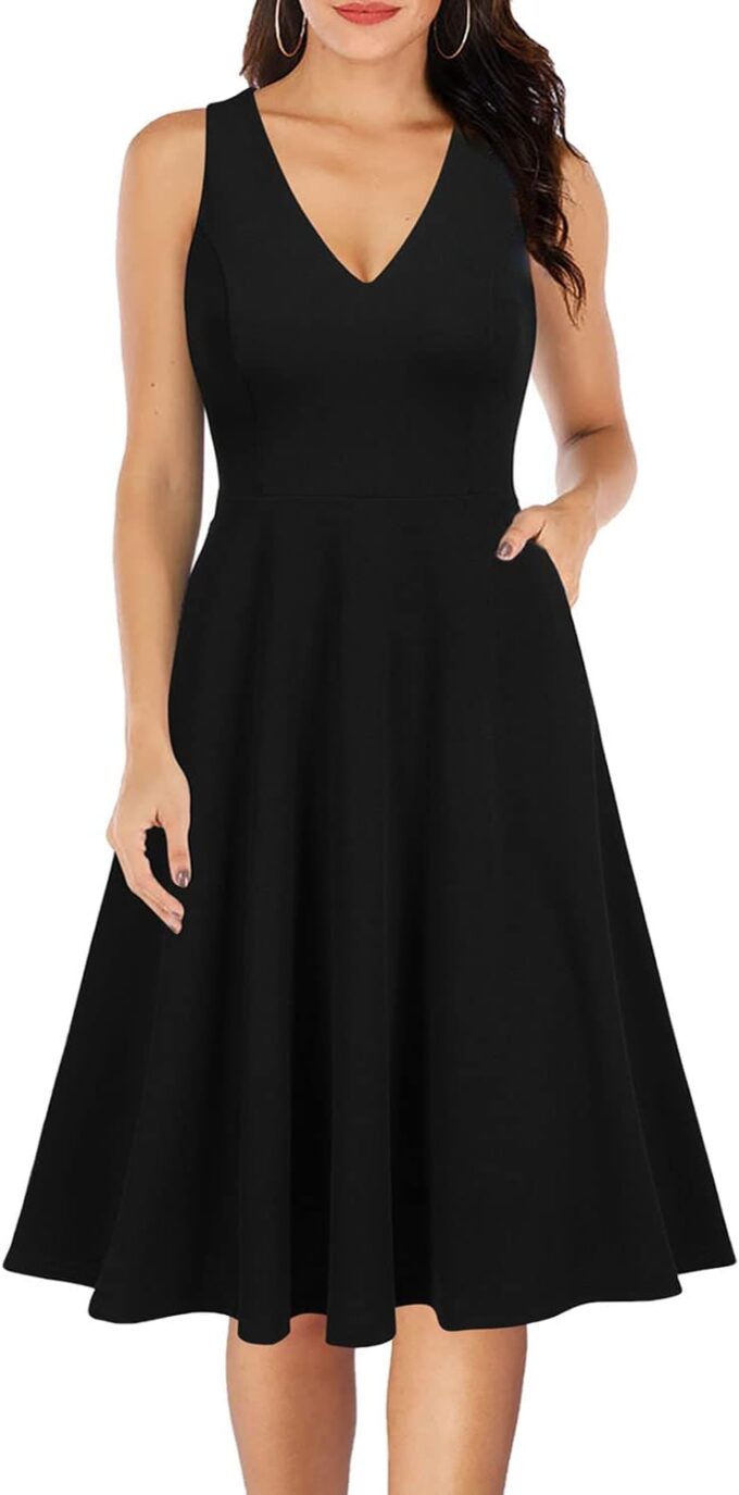 WOOSEA Women's Sleeveless V Neck Vintage Pockets Swing Business Church Dress