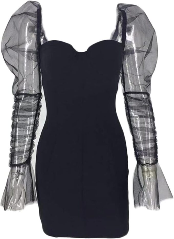 Uni Clau Women Sexy Mesh Sheer Puff Long Sleeve Mini Dress Bodycon Deep V Neck Patchwork Party Clubwear Dress – Bild 5