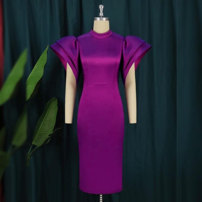 ONTINVA Satin High Neck Ruffled Tiered Sleeves Midi Dresses for Women Elegant High Waist Formal Party Cocktail Dress – Bild 4