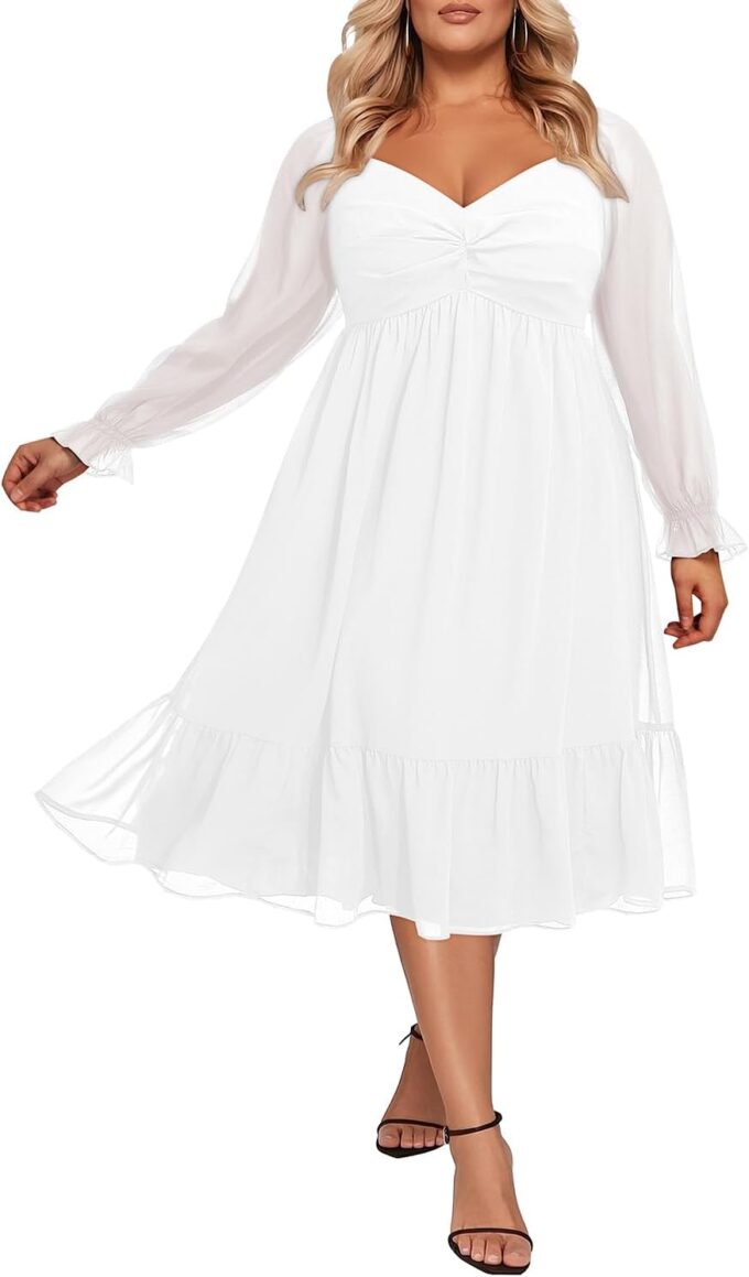 Plus Size Dresses Sweetheart Neckline Long Sleeves Chiffon Party Cocktail A Line Curvy Womens Midi Dress