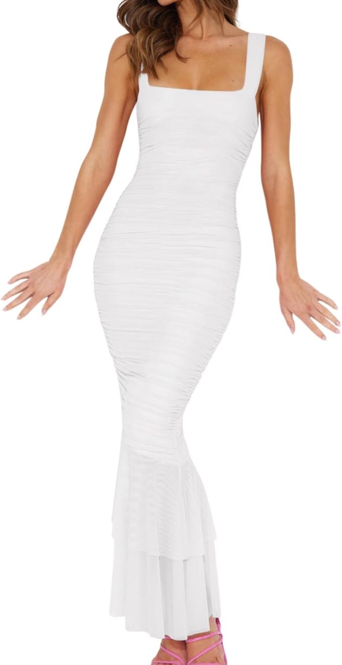 LCNBA Women's Square Neck Bodycon Midi Mesh Dress Ruched Ruffle Formal Cocktail Dress – Bild 5