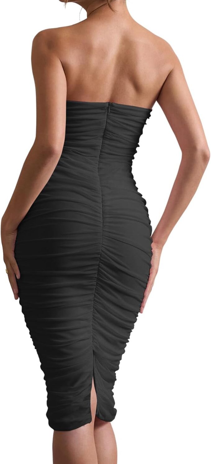 LCNBA Women's Sexy Strapless Tube Mesh Ruched Bodycon Split Midi Party Club Dress – Bild 5