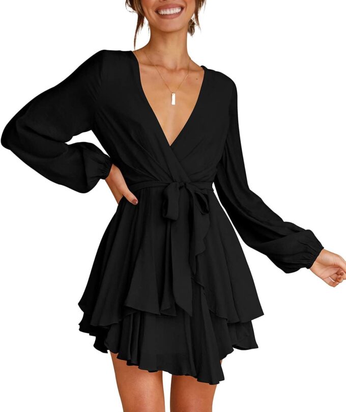 Cosonsen Women's Dress Deep V-Neck Long Sleeve Waist Tie Ruffle Mini Swing Skater Dresses – Bild 4