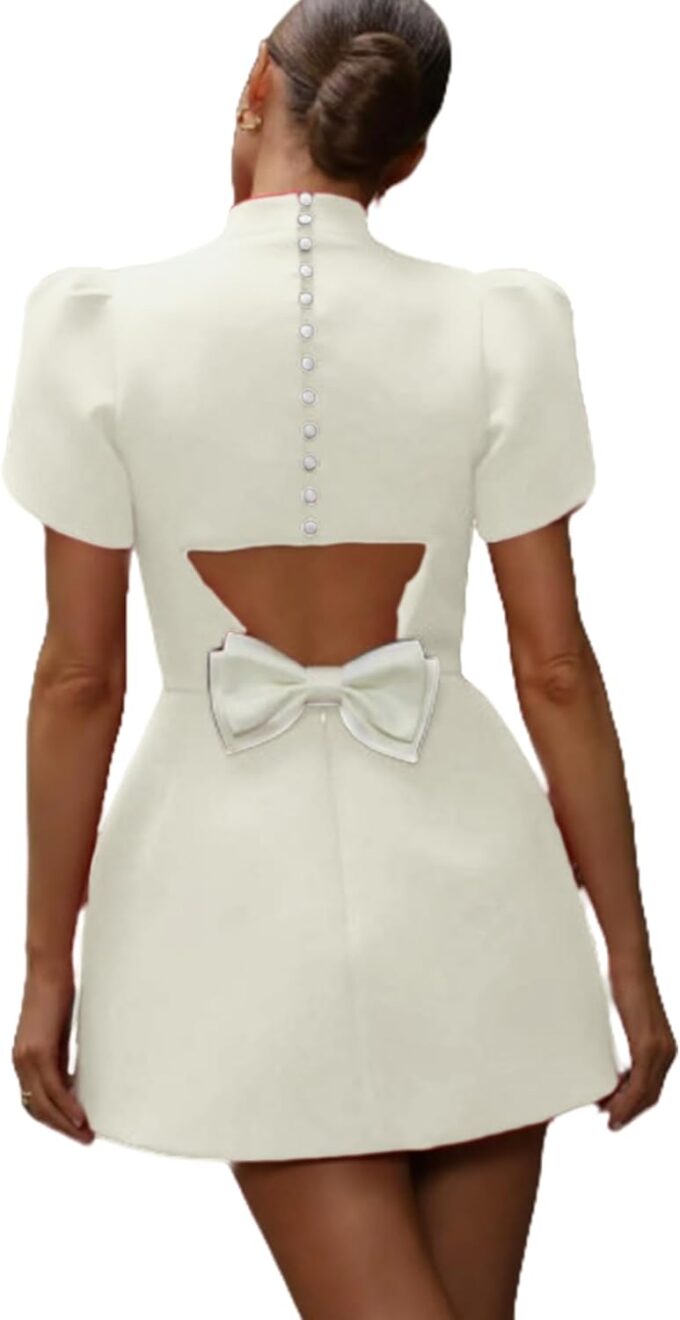 AMPOSSTO Women's Elegant Bow Backless Hollow Out Mini Dress Turtleneck Short Sleeve Pad Shoulder Dresses for Party Cocktail – Bild 6