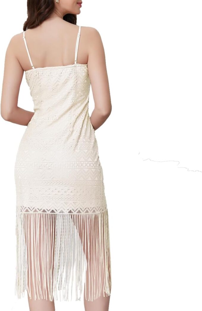 Women's Tassels Spaghetti Straps Floral Lace Midi Dress Slim Fit Party Dresses – Bild 2
