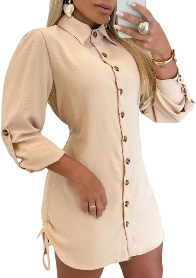 CHICME Women Shirt Dress Long Sleeve Button Down Blouses Side Drawstring Mini Dresses