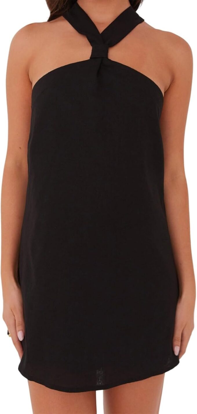 Women Aesthetic Halter Short Dress Sleeveless Cross Tie Up Backless Solid Slim Mini Dress Vacation Party
