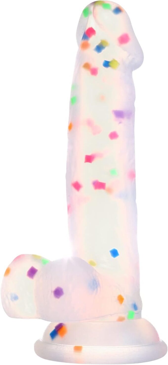 Seiecft 16.5cm Konfetti Klarer Silikon Dildo mit Ausgestellter Saugnapf Basis für Freispiel, Flexibler Dildo mit Gebogenem Schaft und Bällen für Vaginal G-Punkt und Anal Prostata
