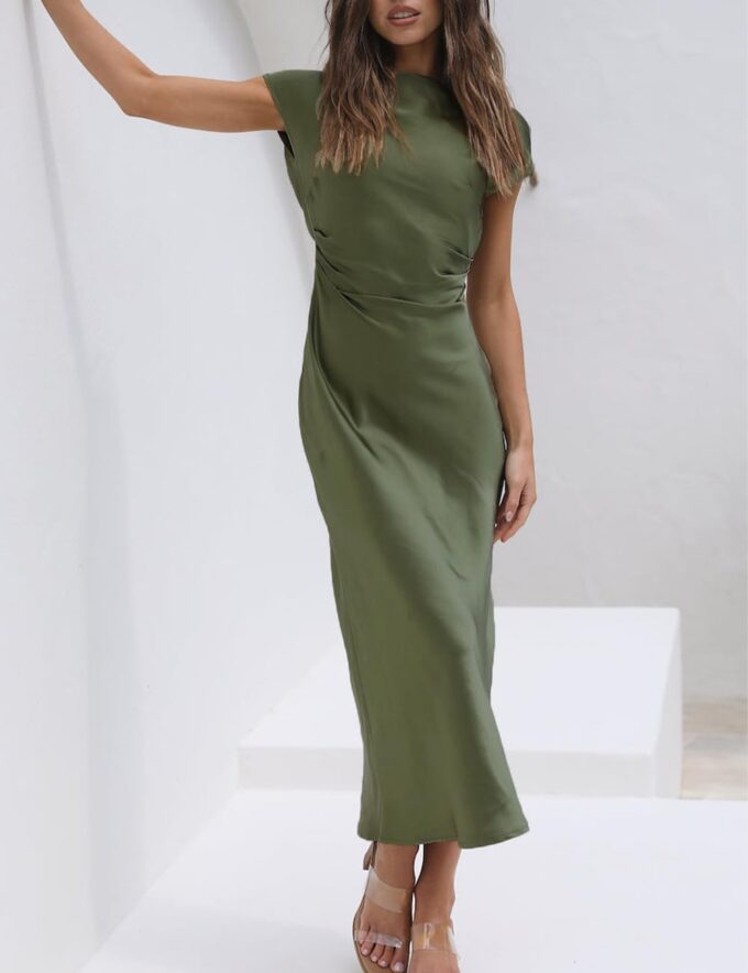 2025 Satin Cap Sleeve Cowl Back Summer Dresses for Women Elegant Ruched Waist Wedding Guest Midi Dress – Bild 2