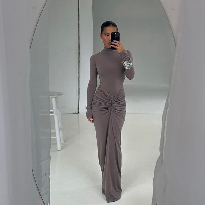 Womens Sexy Maxi Dress Long Sleeve Ruched Bodycon Turtleneck Club Party Casual Wedding Dresses – Bild 2