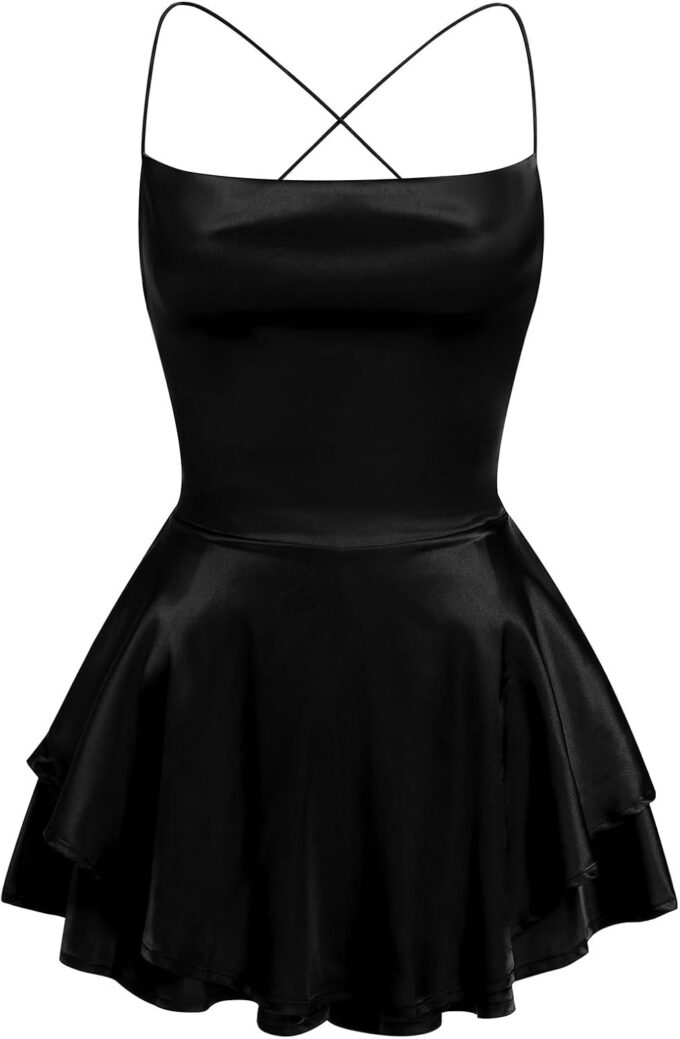 Women Sexy Spaghetti Strap Satin Dress Sleeveless Low Cut Backless Short Romper Dress Party Jumpsuit Mini Sundress – Bild 4