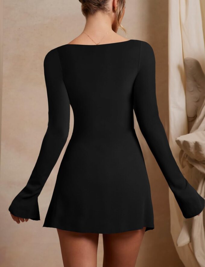 Women’s Ruched Bodycon Dress Sexy Long Sleeve Square Neck Split Cocktail Party Club Mini Short Tight Dress – Bild 4