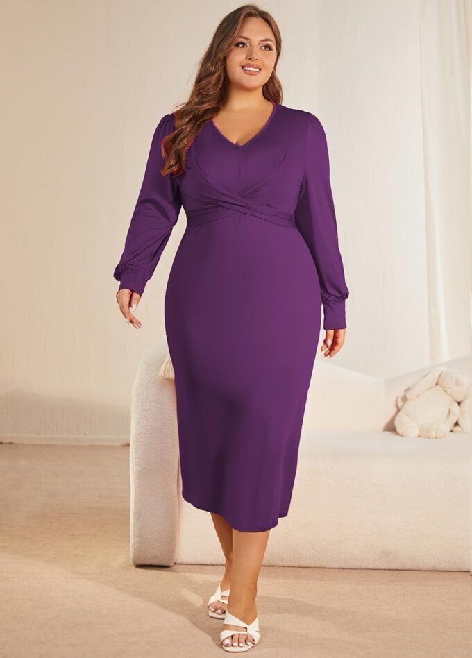 WUSENST Langärmeliges Damenkleid, lässig, V-Ausschnitt, gedrehte Taille, figurbetontes Cocktail-Partykleid – Bild 3