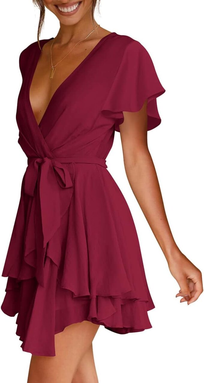 Cosonsen Women's Dress Deep V-Neck Long Sleeve Waist Tie Ruffle Mini Swing Skater Dresses – Bild 4
