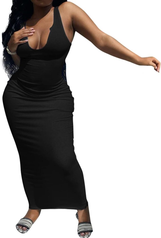 Women Bodycon Maxi Tank Dress, Sexy Deep U Neck Ribbed Solid Color Party Wrap Long Dresses