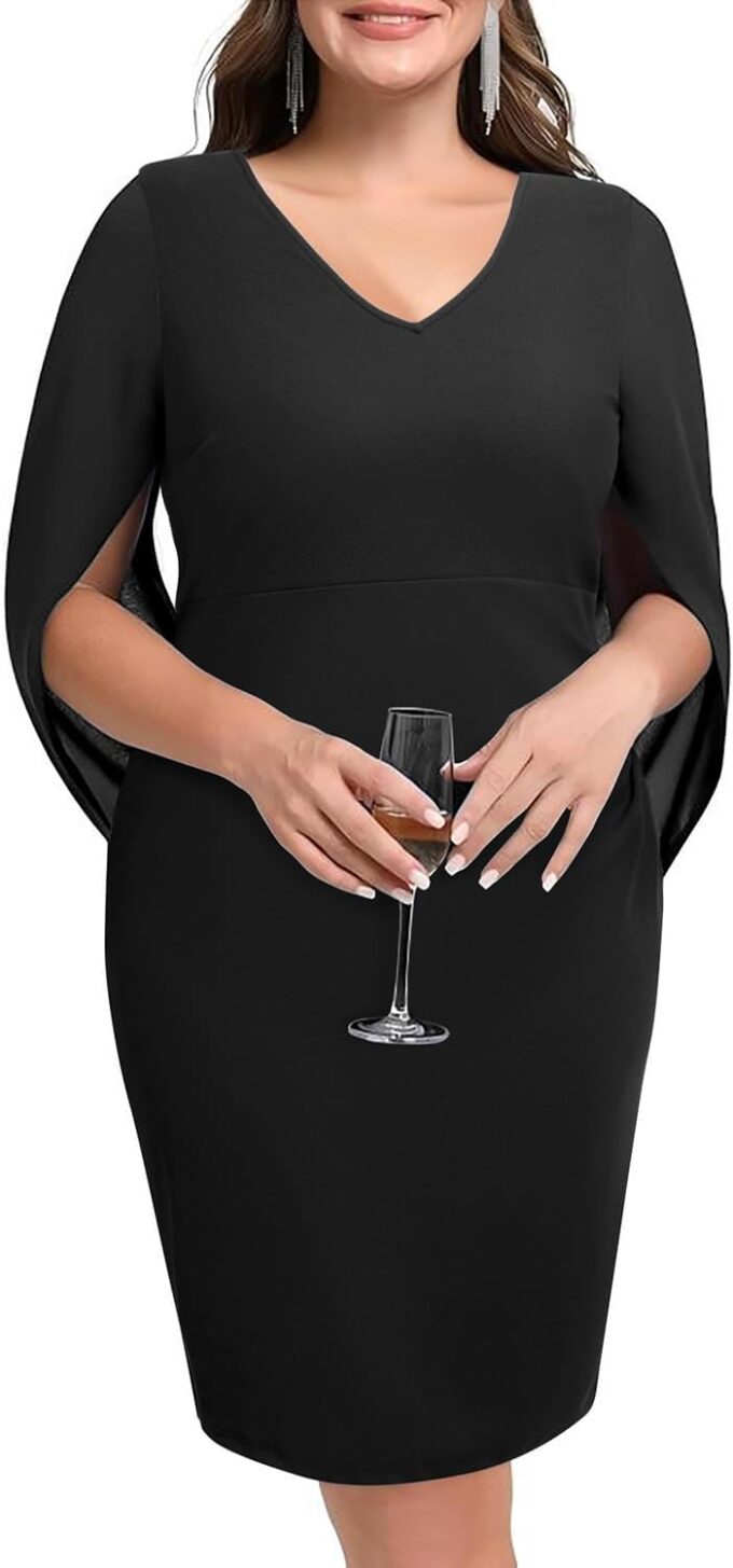 Plus Size Wedding Guest Dress - Women Chiffon Cape Semi Formal Cocktail Party Bodycon Dresses – Bild 4