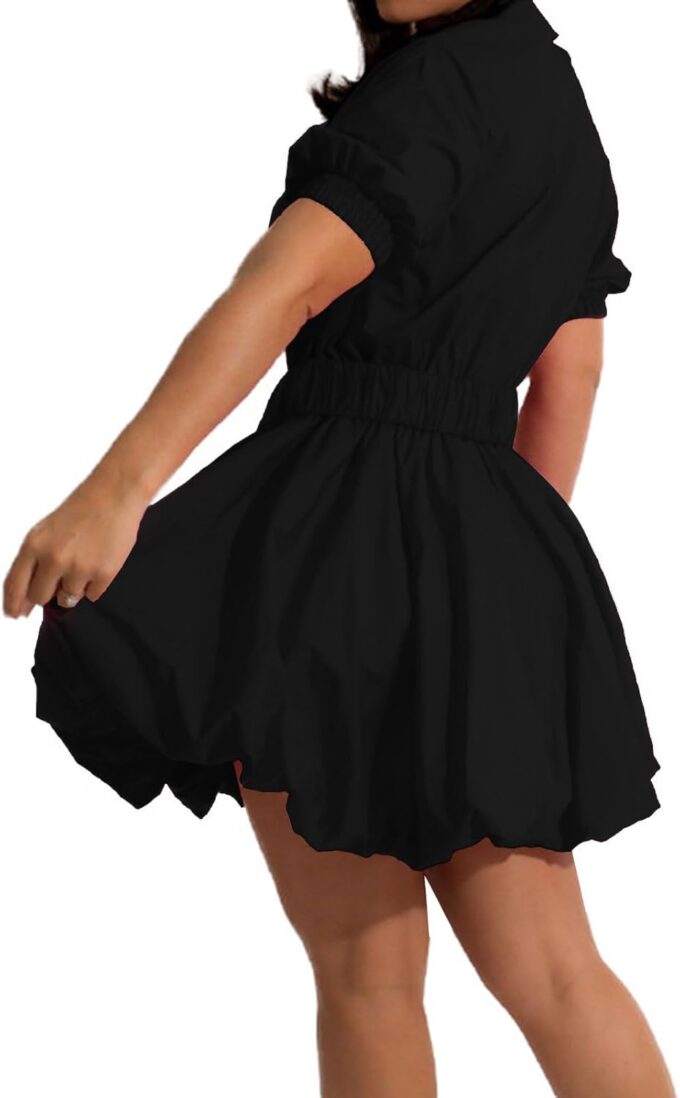 ENOPINK Womens Mini Dress Puff Sleeve Dresses 2025 Button Down Split V Neck High Waist Party Clubwear with Belt – Bild 2