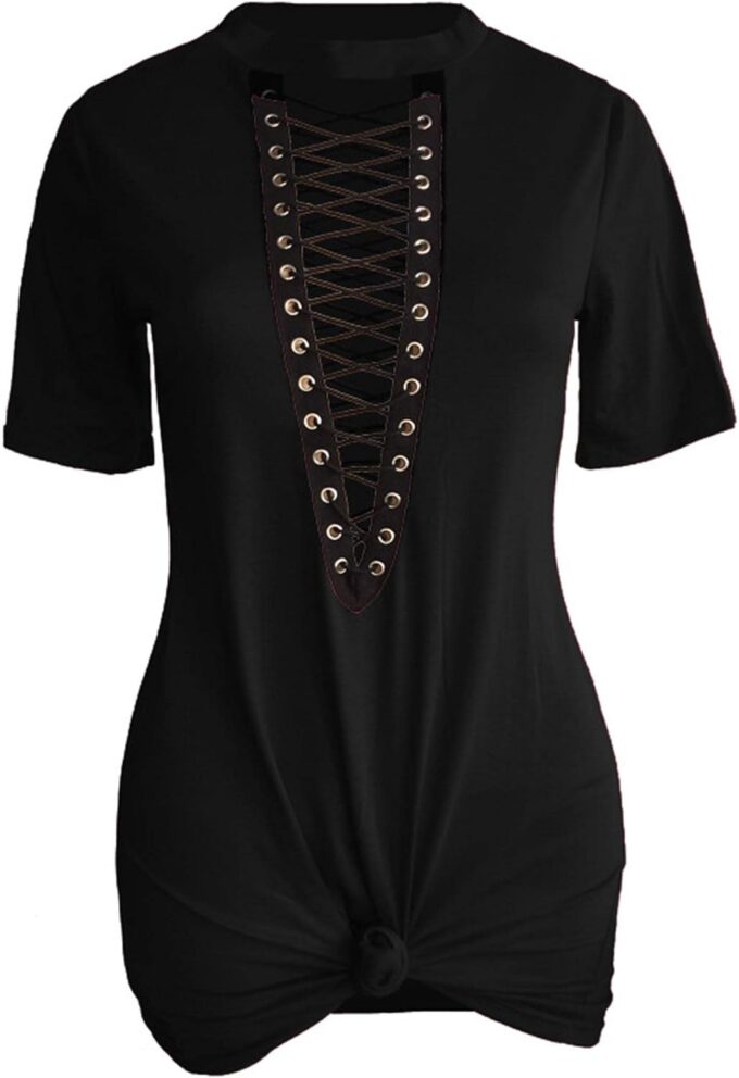 Sexyshine Women's Sexy Deep V Neck Halter Lace Up Mini T-Shirt Party Club Dress – Bild 3