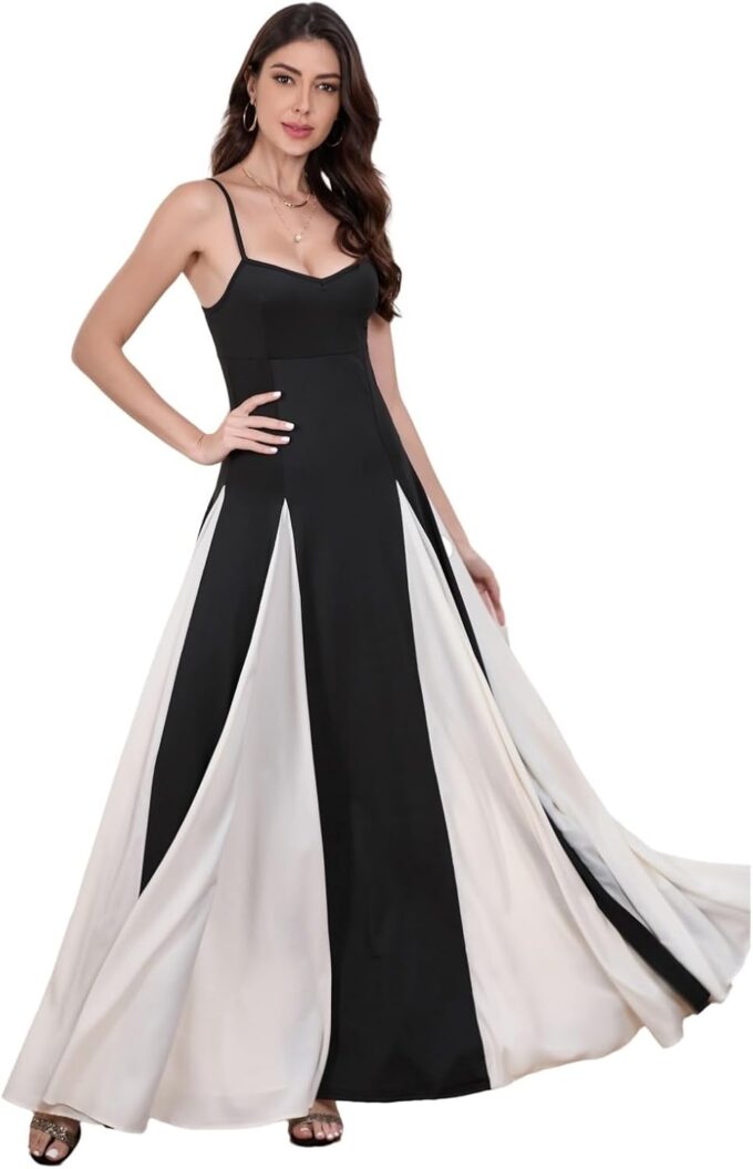 Women's Sexy Sleeveless Dress Low Cut Black & White Panelled Maxi Skirt High Waist Tight A-Line Flowing Slip Dress