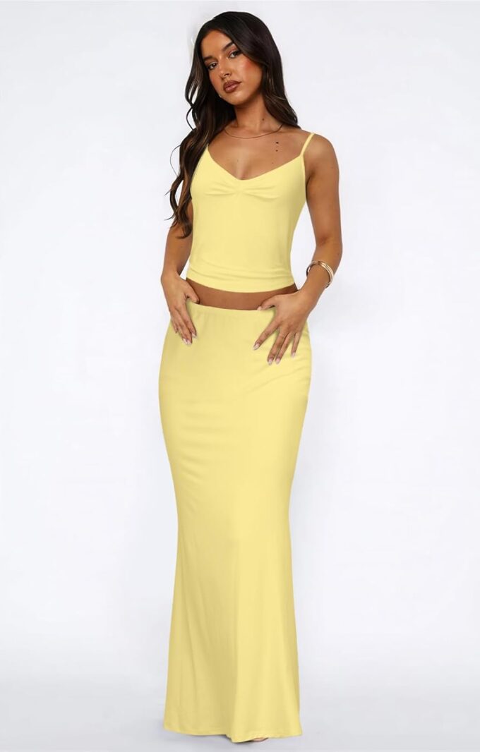 Two Piece Skirt Set for Women - Sexy 2 Pc Sleeveless Spaghetti Strap Pleated Tank Top Maxi Long Skirts Sets – Bild 2