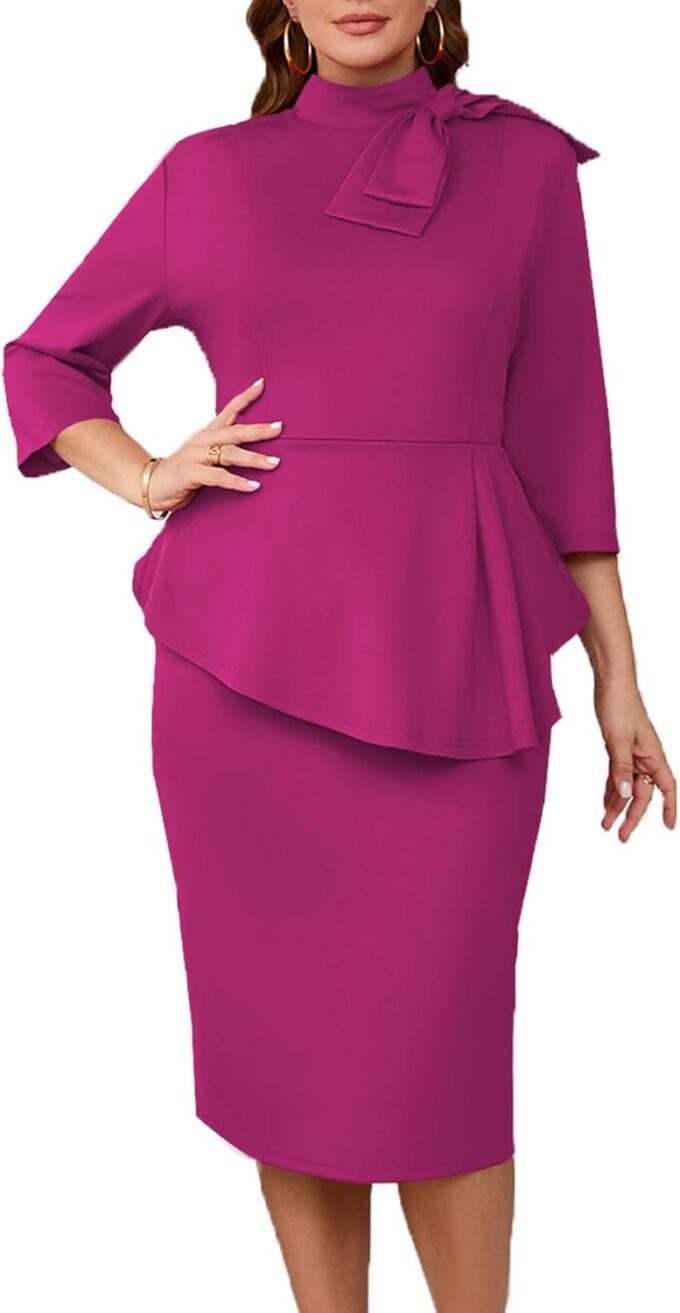 Plus Size Dress for Curvy Women Semi Formal Cocktail Party Midi Dress Bodycon Long Sleeve Bow Ruffle Pencil Dresses