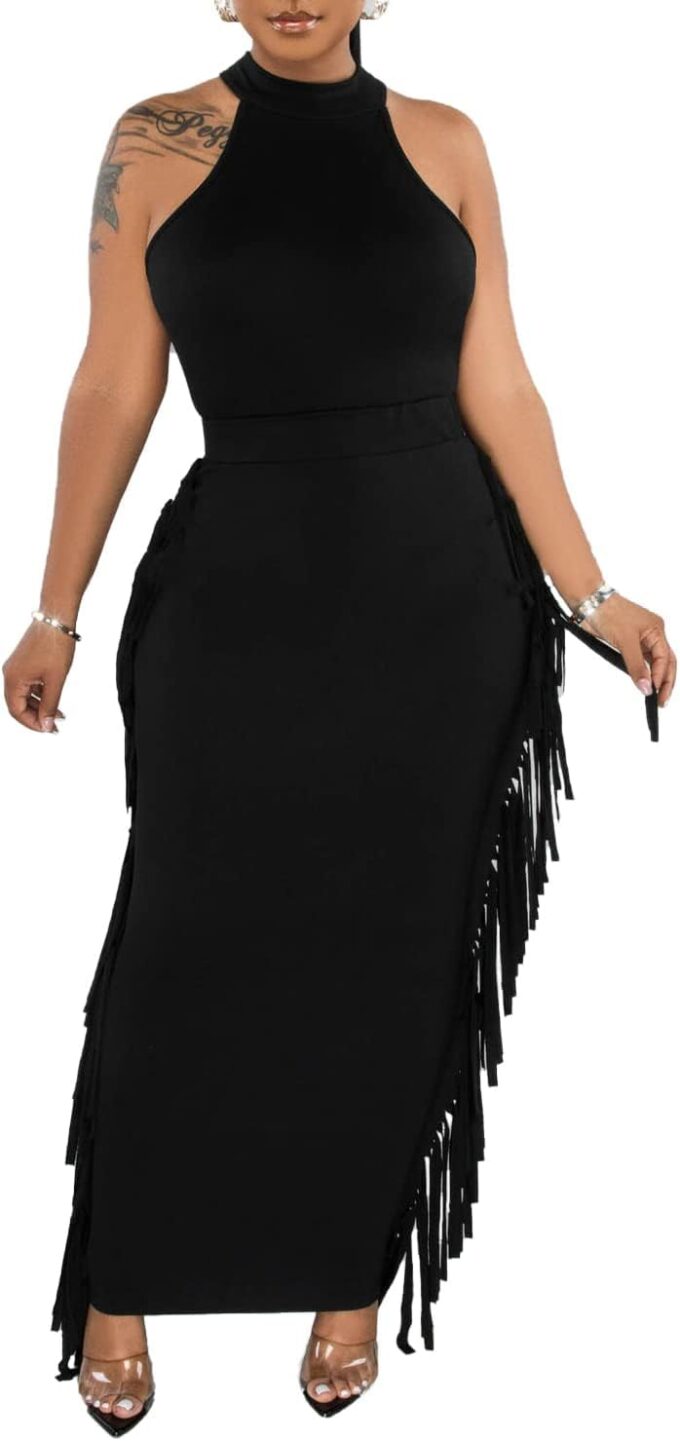 2 Piece Outfits for Women Sexy Halter Neck Sleeveless Crop Tops Ruched Bodycon Dresses Jumpsuits Fringe Skirt Sets