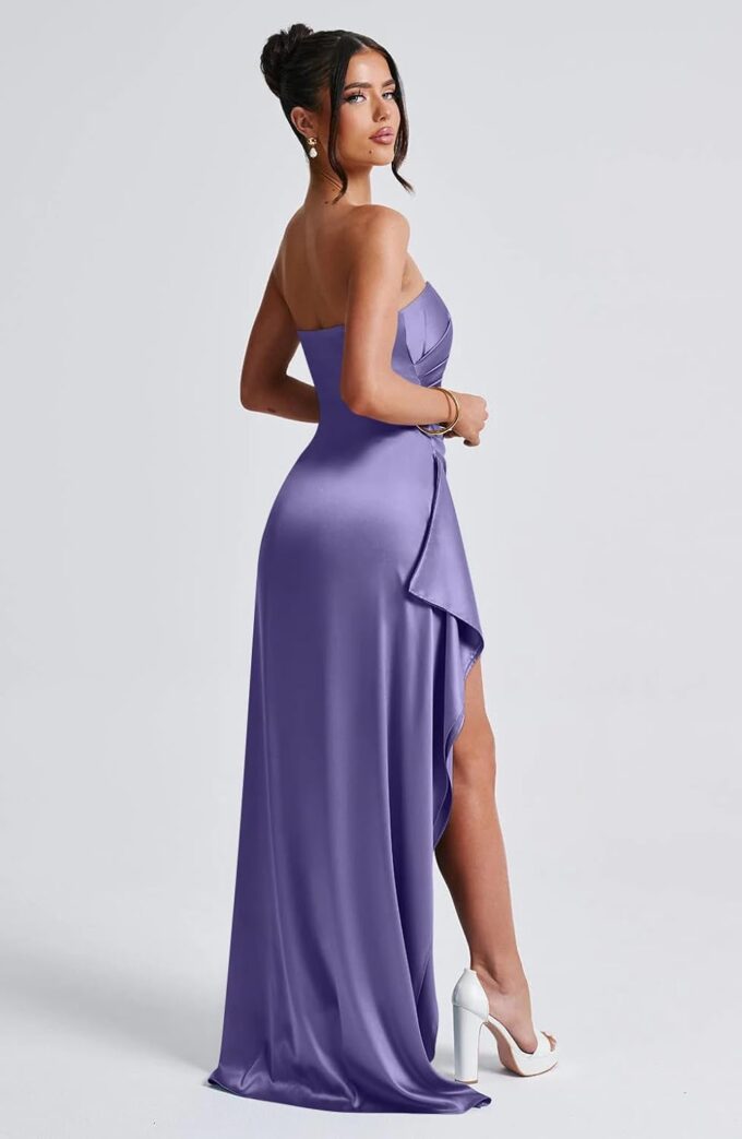 Memoriesea Women's Sexy Strapless Neck Ruched High Slit Cocktail Party Maxi Dress – Bild 3