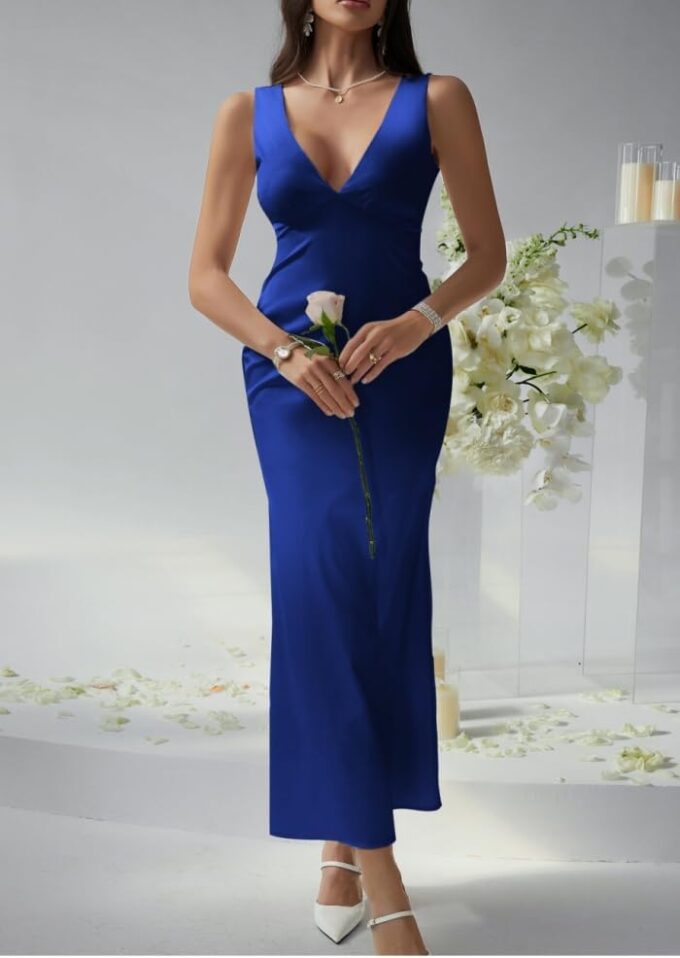 Womens Sexy V Neck Satin Silk Dress Sleeveless Formal Cocktail Prom Wedding Party Maxi Dresses – Bild 3
