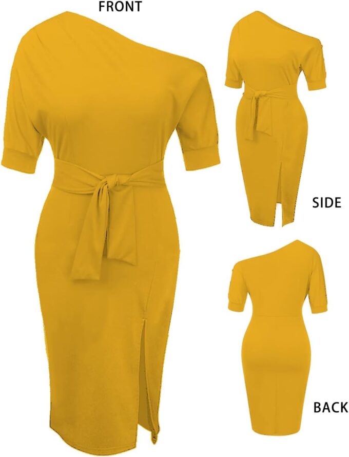 Womens Classy Off Shoulder Short Sleeve Belted Side Slit Midi Pencil Dress with Pockets – Bild 5