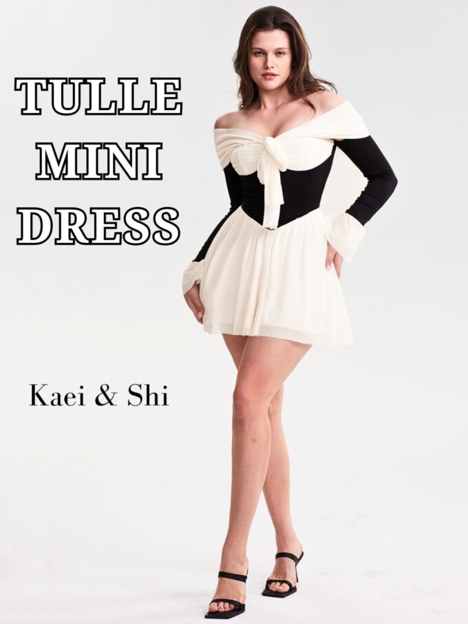Kaei&Shi Date Night Dresses for Women, Cute Tulle Bell Flare, Homecoming Birthday Dinner, Sexy Off Shoulder Mini Long Sleeve – Bild 2