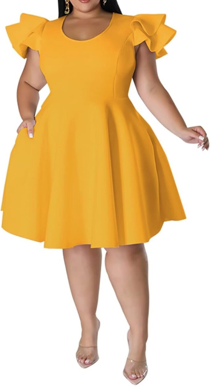 Women's Plus Size Cape Flutter Sleeve Stretchy A Line Swing Flared Skater Cocktail Party Dress with Pockets