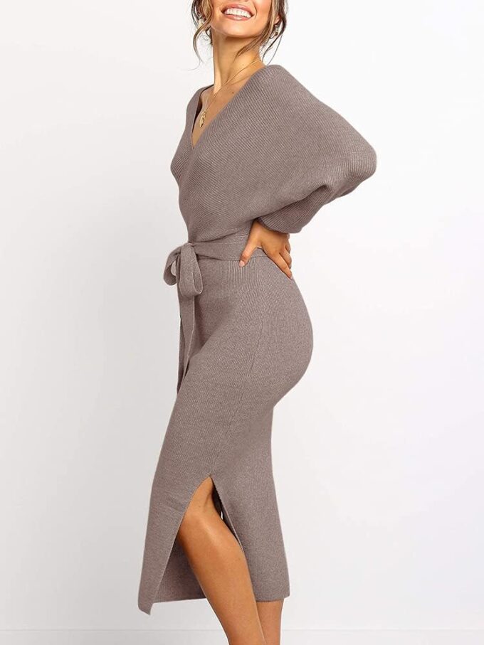 Chang Yun Women's Long Maxi Sweater Dresses Sexy Wrap Batwing V Neck Slit Open Back Holiday Bodycon Dress with Belt – Bild 2