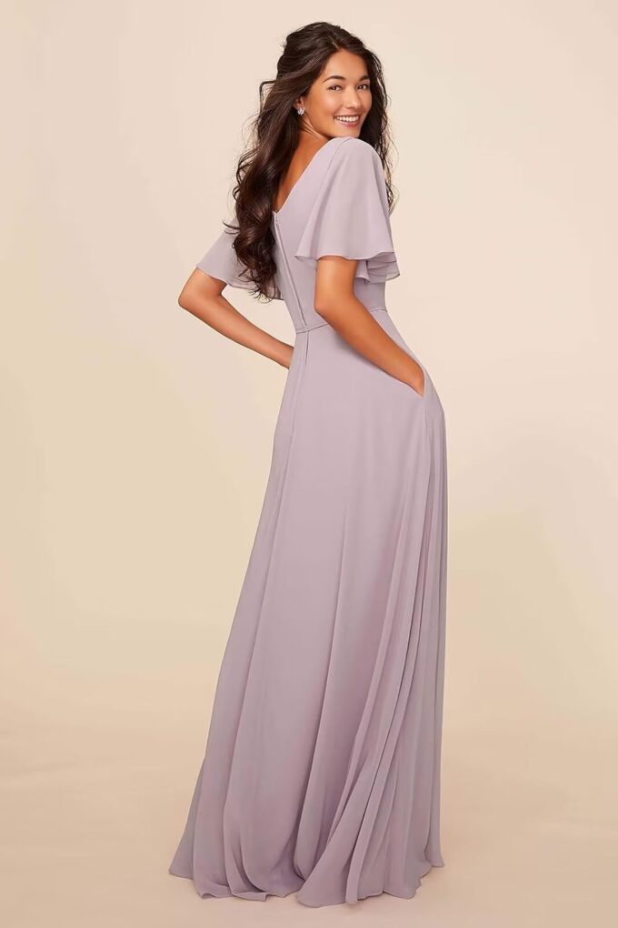 GOEBAODEEN Chiffon Modest Bridesmaid Dresses A Line Bateau Neck Flutter Sleeve Formal Evening Gown with Pockets – Bild 2