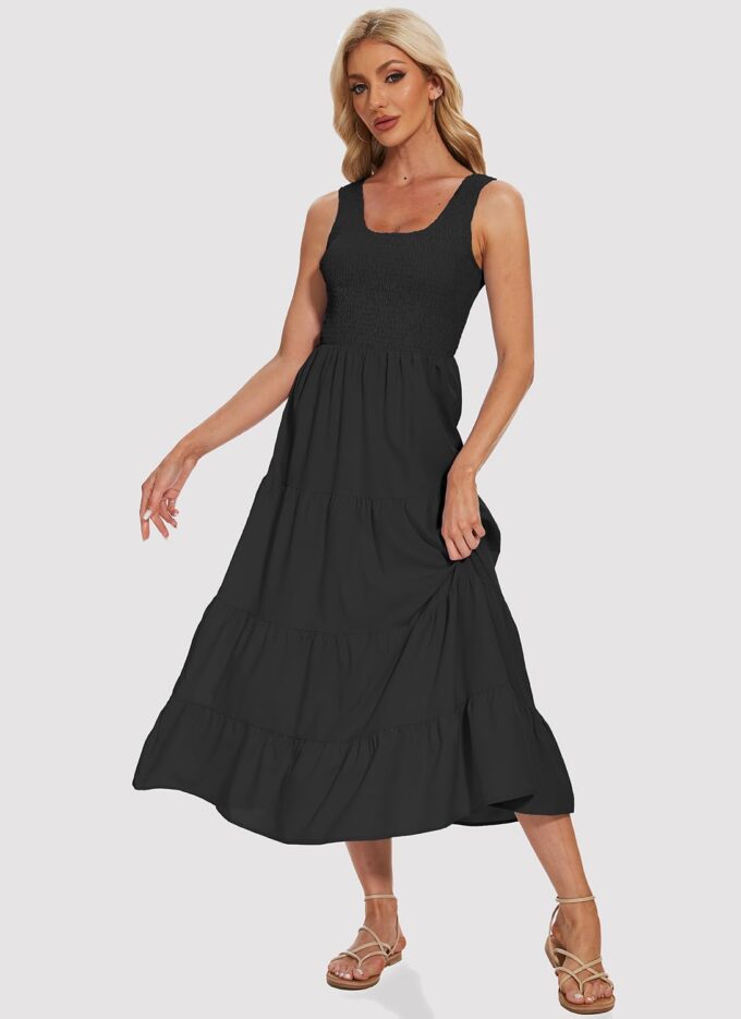 Women's Summer Smocked Maxi Dresses Sleeveless U Neck Ruffle Hem Tiered A Line Flowy Dress – Bild 2