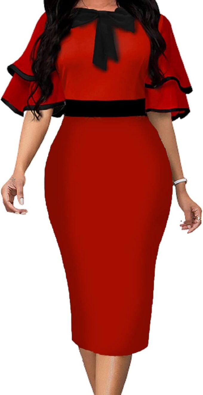 IbuduSexy Church Dresses for Women 2025 Elegant Ruffled Midi Work Dress Bow Tie